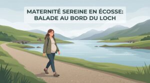 Femme enceinte marchant au bord d’un loch en Écosse, paysage naturel apaisant entre montagnes et lac, illustration maternité sereine