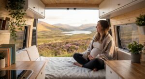 Femme enceinte dans un van aménagé face aux Highlands lors d’un voyage en Écosse